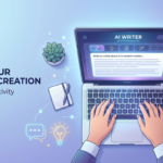 A beginner using AI content creation tools to write a blog post on a laptop