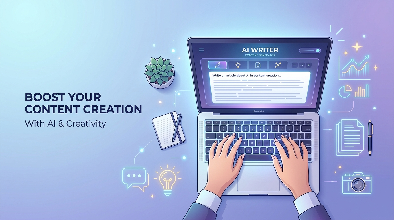 A beginner using AI content creation tools to write a blog post on a laptop