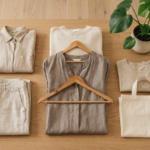 Sustainable fashion tips: neutral linen wardrobe with reusable tote bag