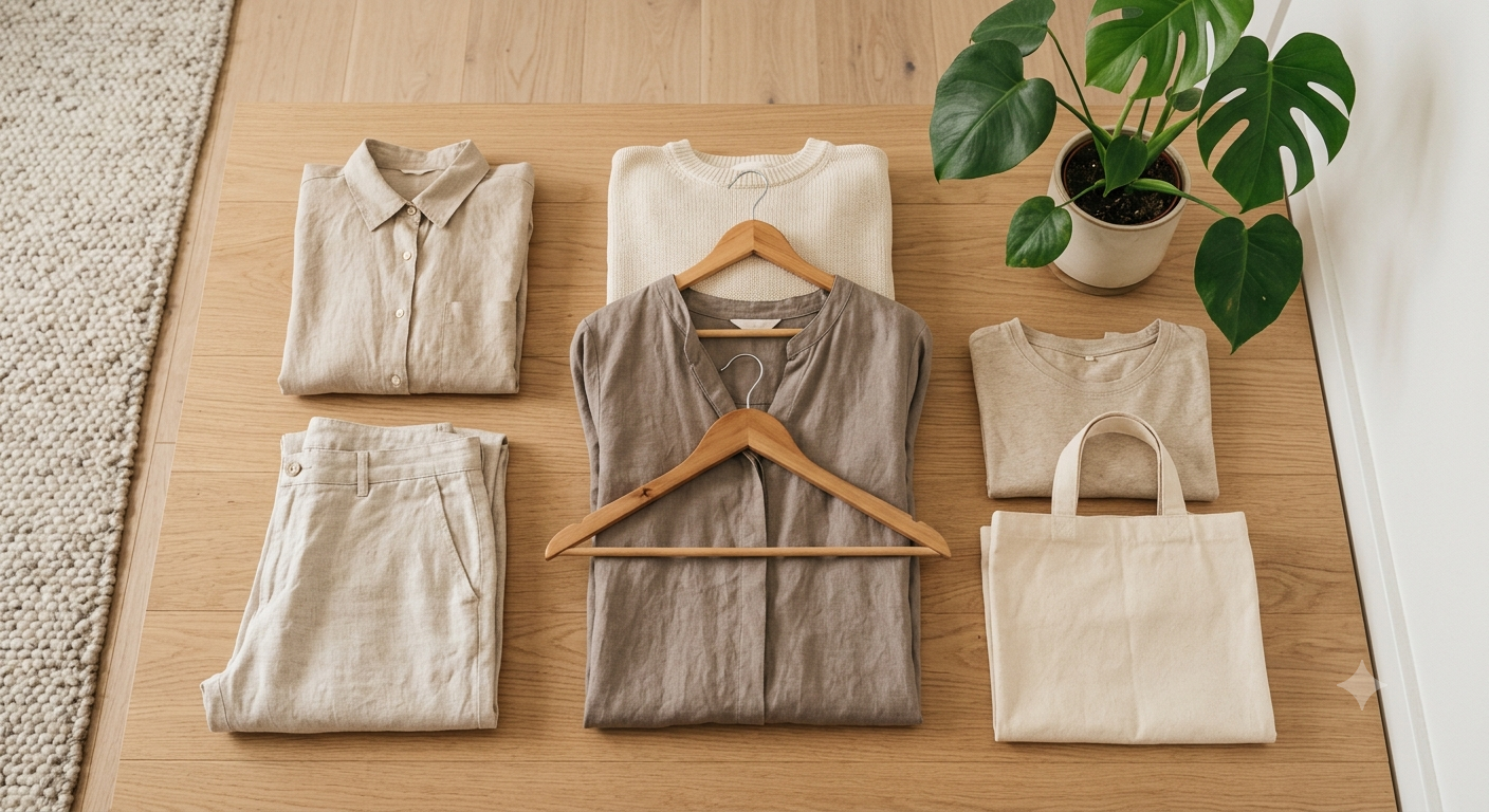 Sustainable fashion tips: neutral linen wardrobe with reusable tote bag