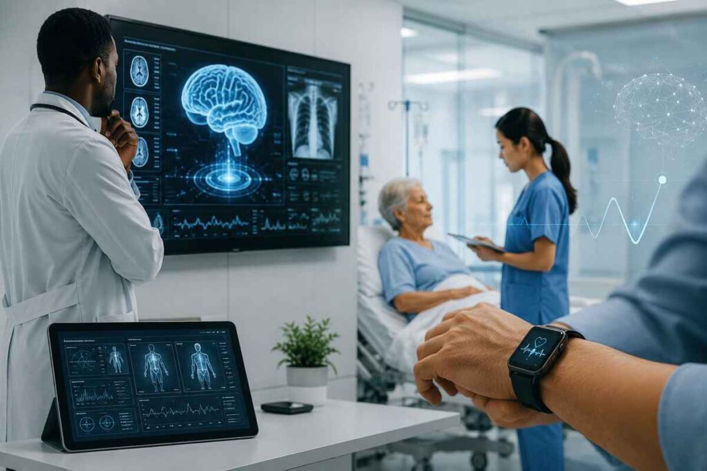 AI in healthcare: doctor reviewing brain scan while nurse monitors patient using digital health tools