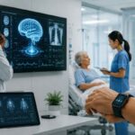 AI in healthcare: doctor reviewing brain scan while nurse monitors patient using digital health tools
