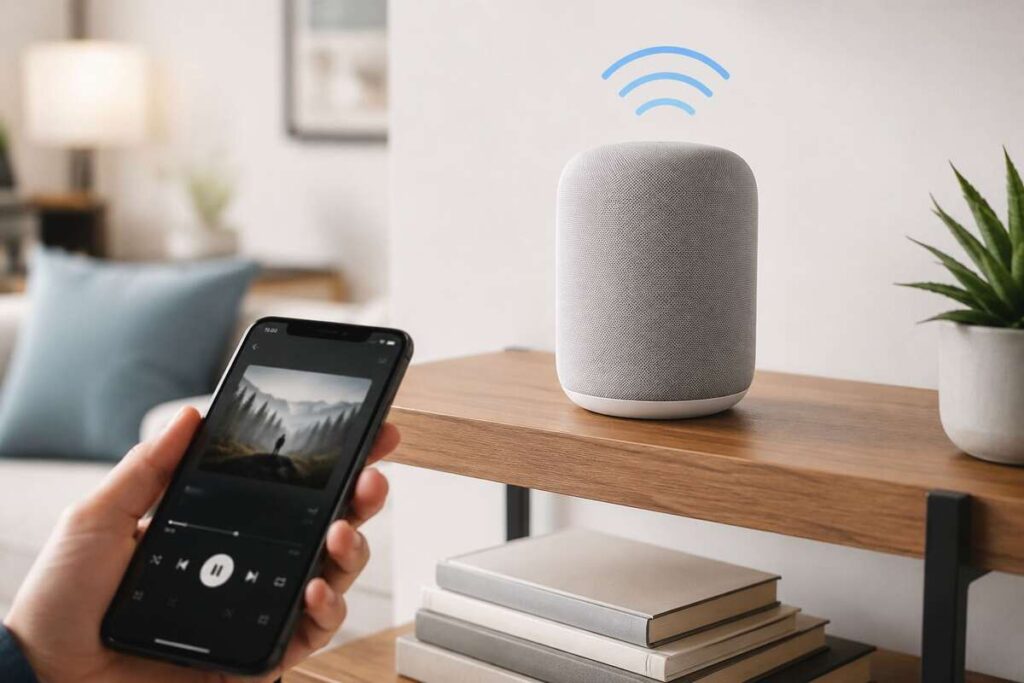Cloud connected audio setup with a smartphone controlling a smart speaker at home