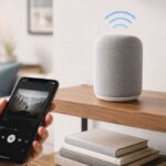 Cloud connected audio setup with a smartphone controlling a smart speaker at home