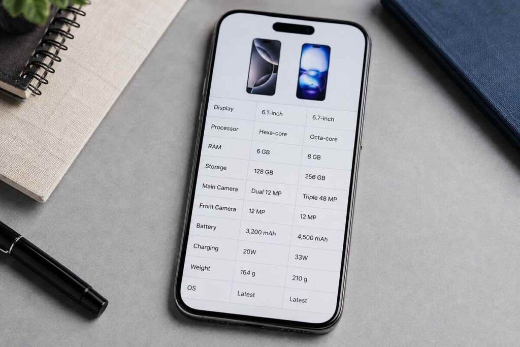 PhoneArena phone comparison tool showing specs of two smartphones side by side