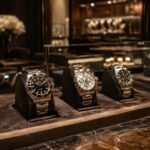 Rolex watch collection displayed in a luxury jewelry store showcase