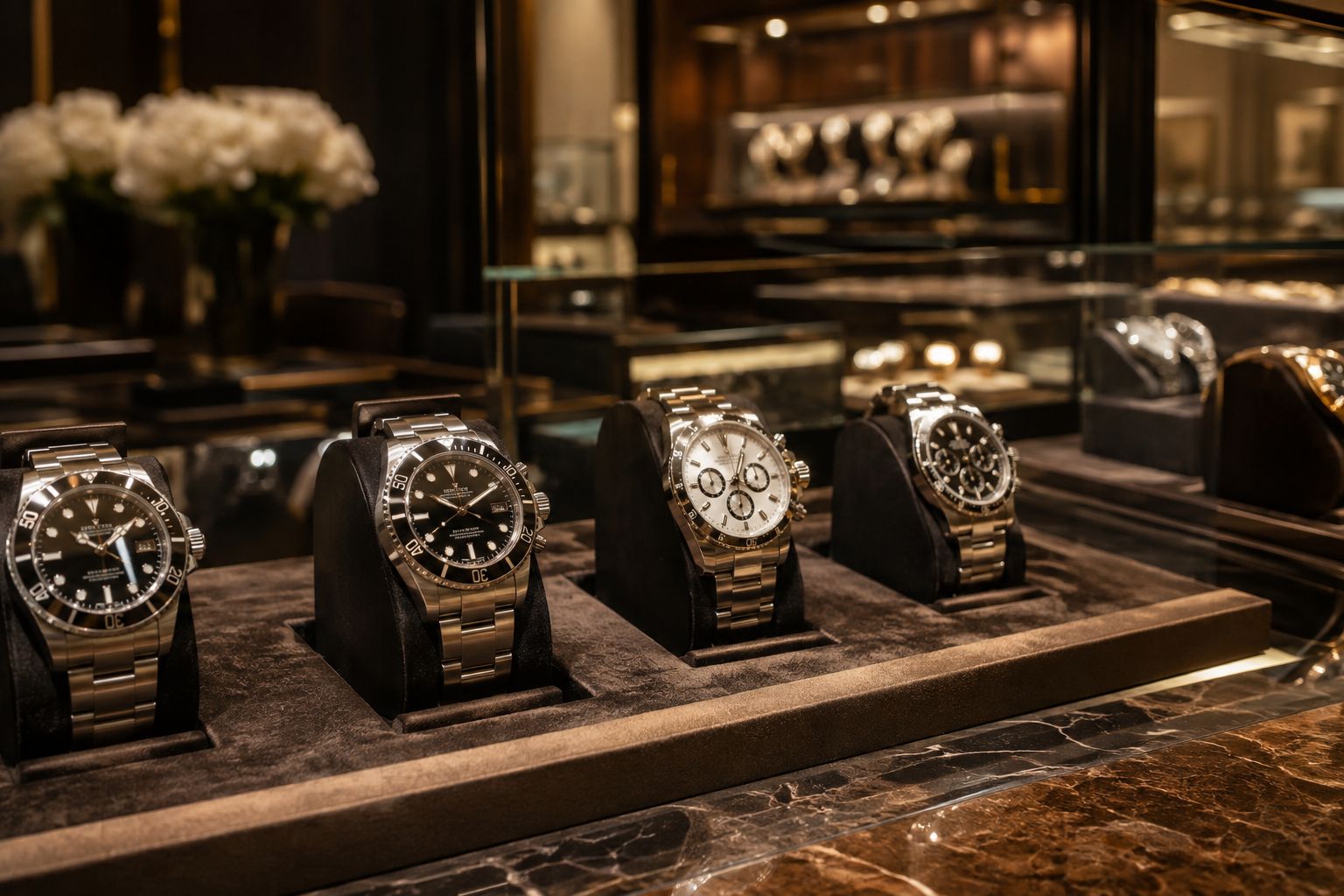 Rolex watch collection displayed in a luxury jewelry store showcase